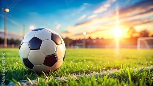 Soccer ball on grass field with blurred background, soccer, football, sport, competition, game, athletic, equipment, round, leather