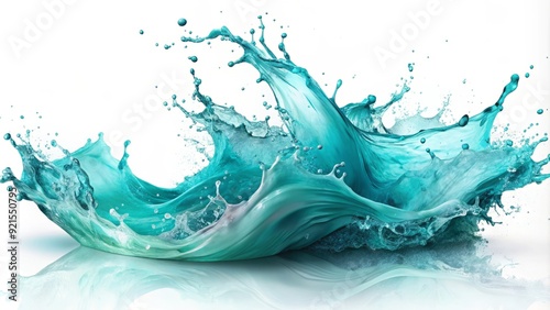 Vibrant turquoise water splashes against a white background, streaked with dynamic brush strokes, creating a mesmerizing abstract composition that exudes energy and creativity.
