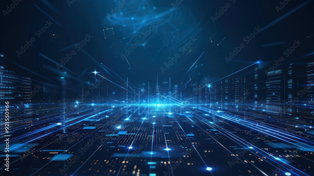 Fototapeta premium Abstract Futuristic Cityscape with Blue Lines