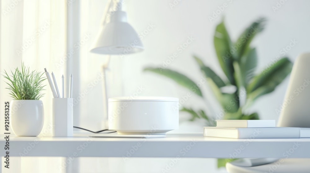 Minimalist White Desk with Modern Router and Plant Minimalist White Desk with Modern Router and Plant