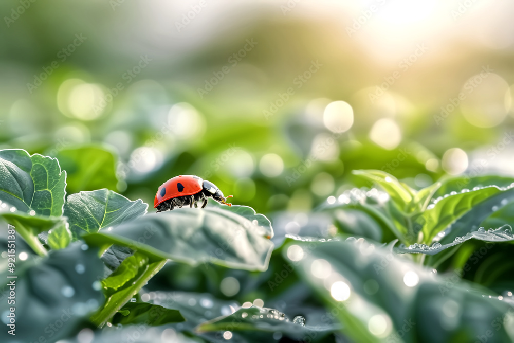 Close-Up of a Ladybug on Dew-Covered Green Leaves in a Sunlit Garden Close-Up of a Ladybug on Dew-Covered Green Leaves in a Sunlit Garden