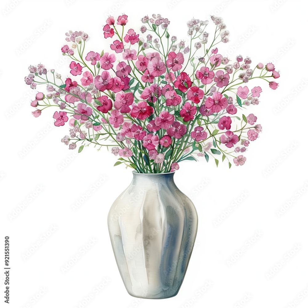 Obraz premium One modern style vase flowers of vibrant Baby's Breath Gypsophila Bouquet, watercolor clipart illustration, lsolated on white background