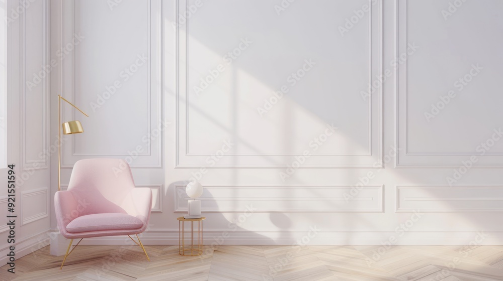 Fototapeta premium Minimalist Living Room with Pink Armchair and Golden Accents