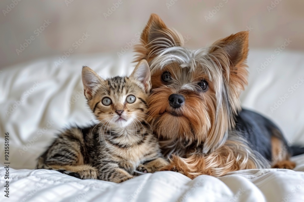 Yorkshire Terrier and kitten sleeping together on bed. Yorkshire Terrier and kitten sleeping together on bed.