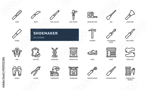 shoemaker handcraft shoe repairman footwear cobbler outline icon set