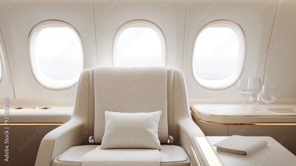 Luxurious private jet interior with plush leather seating, gold-tone fixtures, and panoramic windows, offering an opulent travel experience Luxurious private jet interior with plush leather seating, gold-tone fixtures, and panoramic windows, offering an opulent travel experience