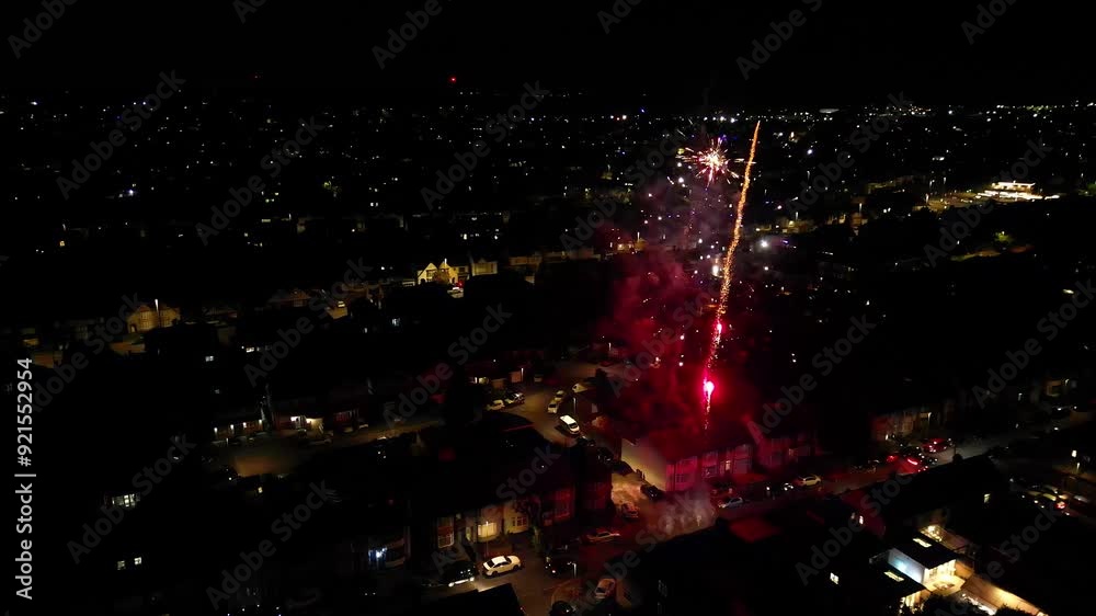 Aerial View of Live Fireworks over Asian Wedding at Residential Area of Luton City During Night. England UK. August 13th, 2024 Aerial View of Live Fireworks over Asian Wedding at Residential Area of Luton City During Night. England UK. August 13th, 2024