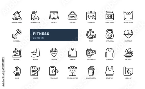 fitness healthy sport workout exercise outline line icon set