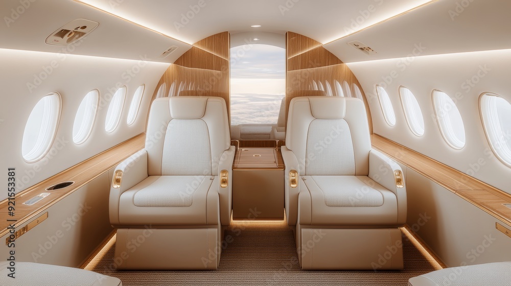 Obraz premium Rich leather interiors of a private jet, highlighted by subtle lighting, plush carpet, and a spacious layout for an elite travel experience