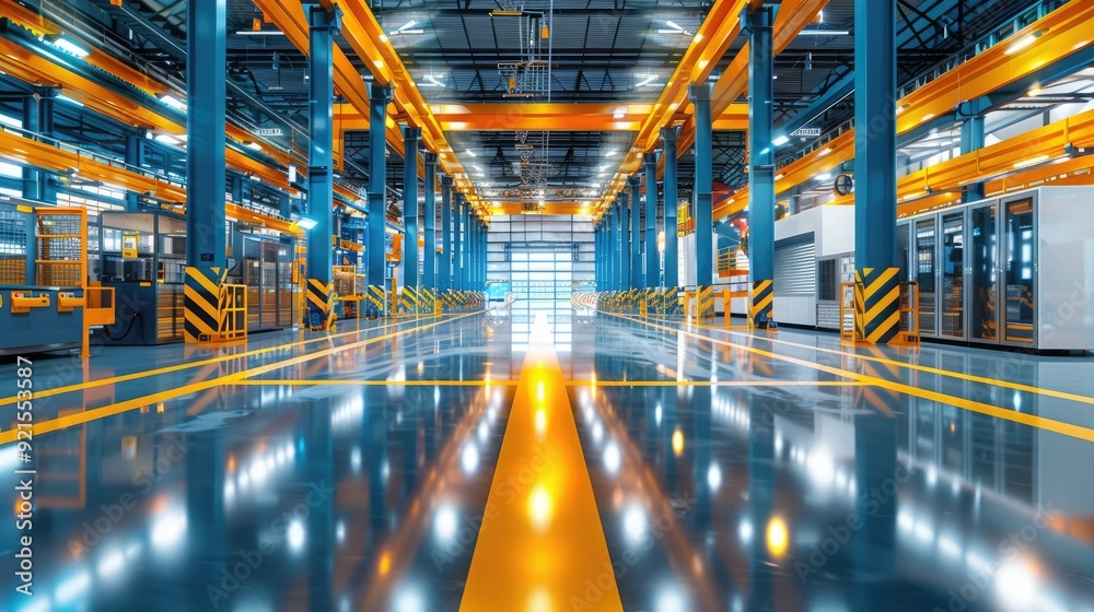 Modern industrial warehouse interior with yellow beams, advanced machinery, and reflective floors, showcasing a state-of-the-art manufacturing environment. Modern industrial warehouse interior with yellow beams, advanced machinery, and reflective floors, showcasing a state-of-the-art manufacturing environment.