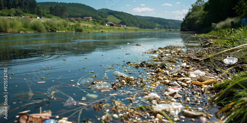 Floating debris  on river water, affects water quality and aquatic wildlife,  also hinder navigable waterways, polluted city water canals  lead to the municipal water supply photo