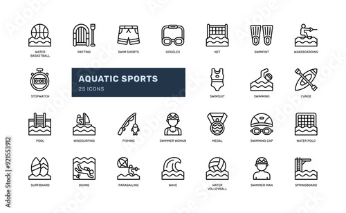 Aquatic water sport competition on pool or sea athlete outline line icon set
