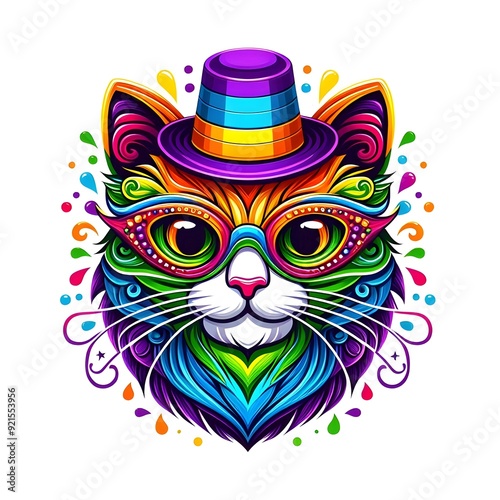 Colorful Cat with Hat and Glasses