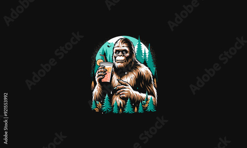 big foot holding drink on forest vector illustration artwork design