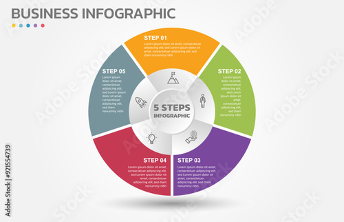 Visual data presentation. Cycle diagram with 5 options. Pie Chart Circle infographic template with 5 steps, options, parts, segments. Business concept. Editable pie chart with sectors. Single layer.