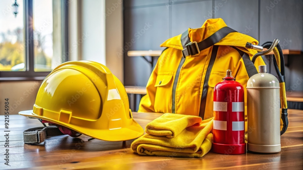 Fototapeta premium Yellow fire helmet and coat lie on a table with a fire extinguisher and first aid kit, emphasizing importance of safety precautions in emergency situations.