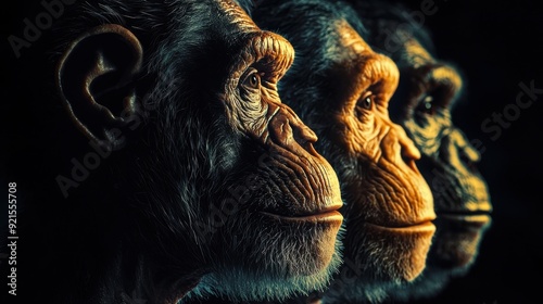 Human evolution. A study of the sequence of biological evolution of Homo sapiens. The face of a monkey, ape, ancient humans, modern humans