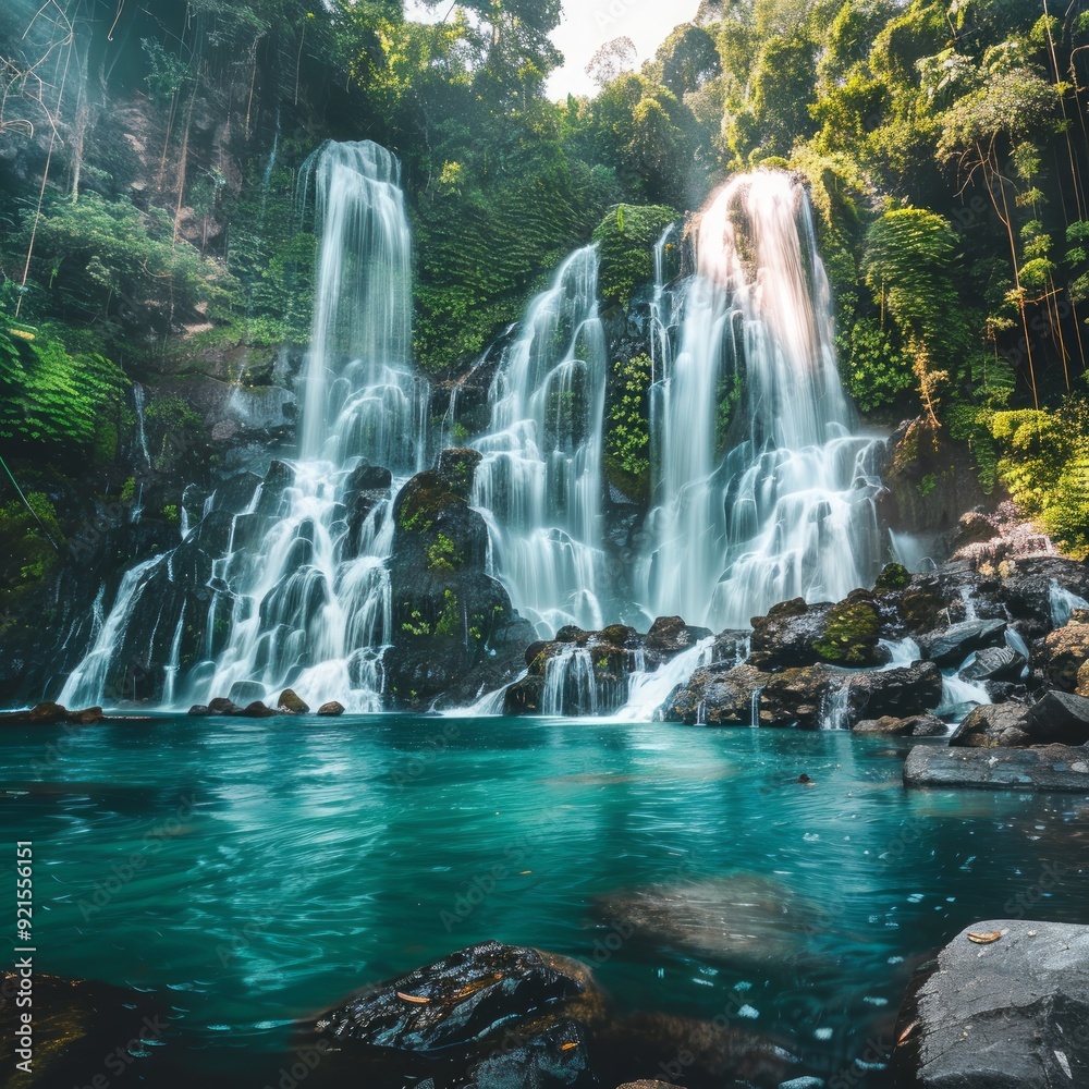 Naklejka premium Jungle waterfall cascade in tropical rainforest with rock and turquoise blue pond. Its name Banyumala because its twin waterfall in mountain slope