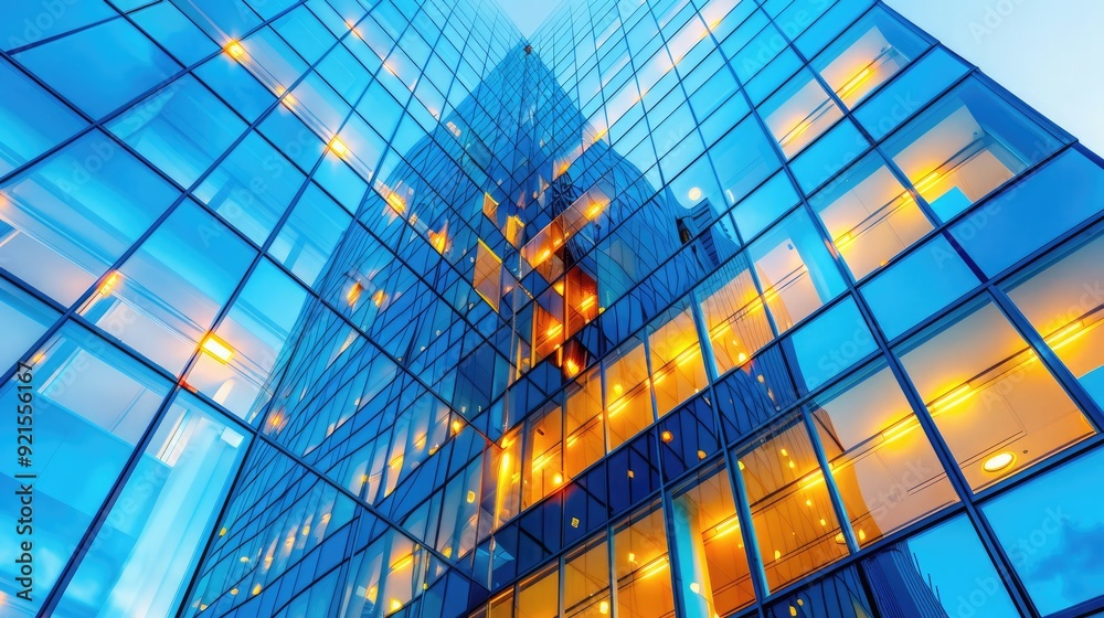 A striking blue glass skyscraper with reflections of bright lights, viewed from a low angle against the sky. A striking blue glass skyscraper with reflections of bright lights, viewed from a low angle against the sky.