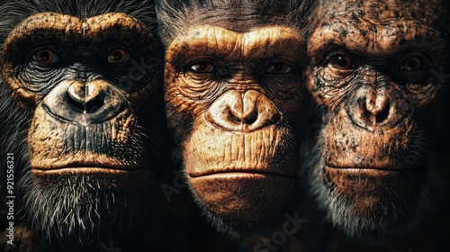 Human evolution. A study of the sequence of biological evolution of Homo sapiens. The face of a monkey, ape, ancient humans, modern humans