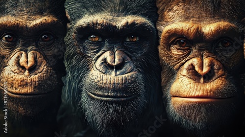 Human evolution. A study of the sequence of biological evolution of Homo sapiens. The face of a monkey, ape, ancient humans, modern humans