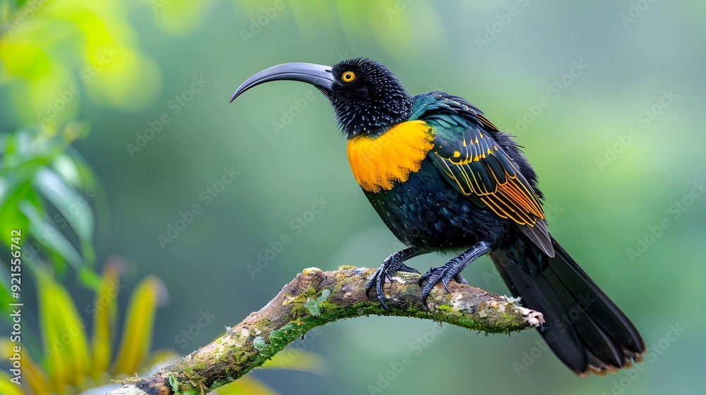 Huia bird perched on a tree branch, displaying its unique curved beak and glossy black feathers style minimalist Huia bird perched on a tree branch, displaying its unique curved beak and glossy black feathers style minimalist