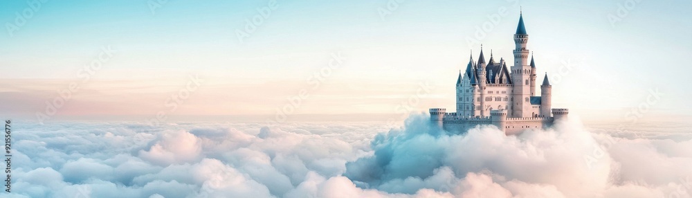 A majestic castle nestled among soft clouds, creating a dreamy and ethereal landscape under a pastel sky. A majestic castle nestled among soft clouds, creating a dreamy and ethereal landscape under a pastel sky.