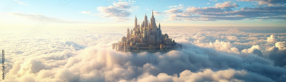 Fototapeta premium A majestic castle floats above the clouds, glowing in the warm light of sunrise, evoking dreams of fantasy and adventure.