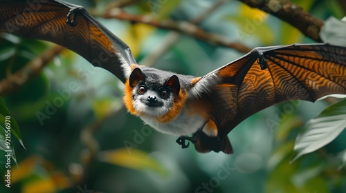 Guam flying fox hanging from a tree, emphasizing its large wingspan and unique features style minimalist