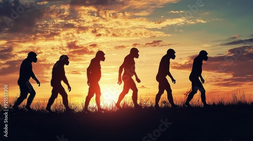 Human evolution. A study of the sequence of biological evolution of Homo sapiens. monkey, ape, ancient humans, modern humansShadows reflecting light when the sun sets. Silhouette concept