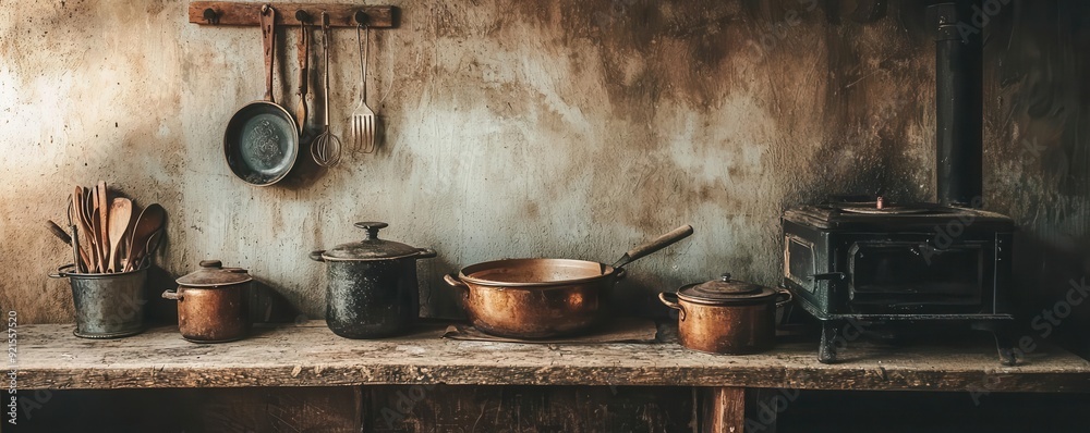 Cozy 1910s family kitchen with antique cookware and a wood-burning stove, home cooking, comfort Cozy 1910s family kitchen with antique cookware and a wood-burning stove, home cooking, comfort
