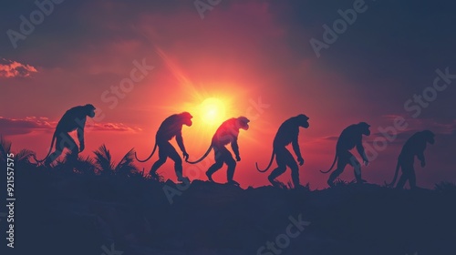 Human evolution. A study of the sequence of biological evolution of Homo sapiens. monkey, ape, ancient humans, modern humansShadows reflecting light when the sun sets. Silhouette concept