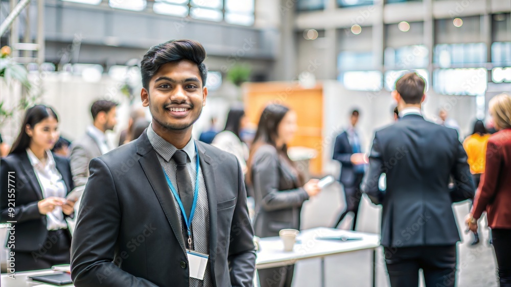 An Indian student attending a career fair or networking event at a university, with booths and professionals in the background.
An Indian student attending a career fair or networking event at a university, with booths and professionals in the background.