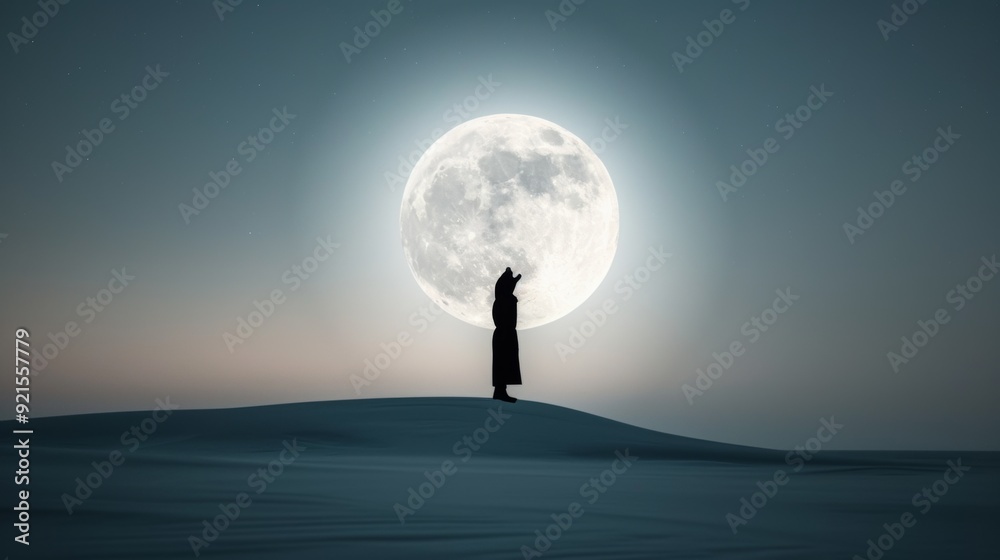 Fototapeta premium Wolf Silhouette Howling at Bright Full Moon on Snowy Hill under Milky Way and Aurora Borealis