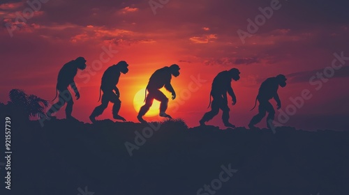 Human evolution. A study of the sequence of biological evolution of Homo sapiens. monkey, ape, ancient humans, modern humansShadows reflecting light when the sun sets. Silhouette concept