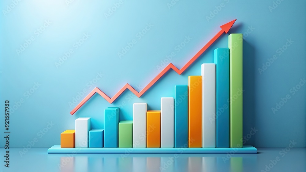 Colorful bar graph and financial charts displaying strong upward trend, symbolizing successful business growth and excellent financial performance on a light blue background. Colorful bar graph and financial charts displaying strong upward trend, symbolizing successful business growth and excellent financial performance on a light blue background.