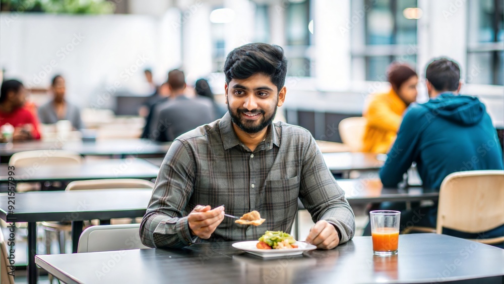 An Indian student eating or socializing in a university cafeteria, with tables and food items visible in a casual dining environment.
An Indian student eating or socializing in a university cafeteria, with tables and food items visible in a casual dining environment.
