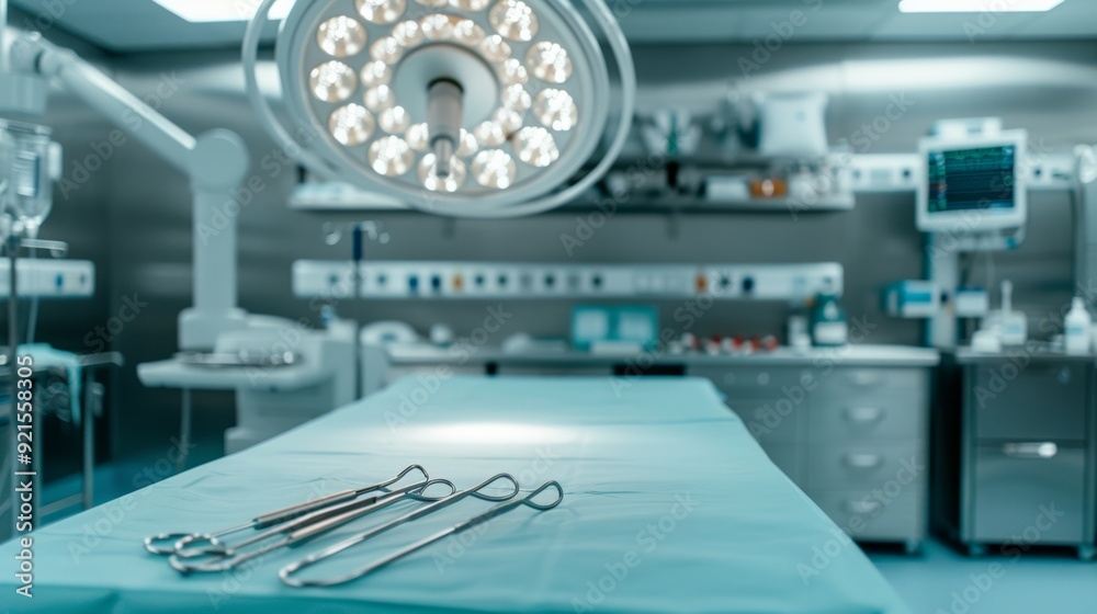 Fully Prepared Operating Room with Surgical Equipment and Monitors Ready for Next Medical Procedure Fully Prepared Operating Room with Surgical Equipment and Monitors Ready for Next Medical Procedure