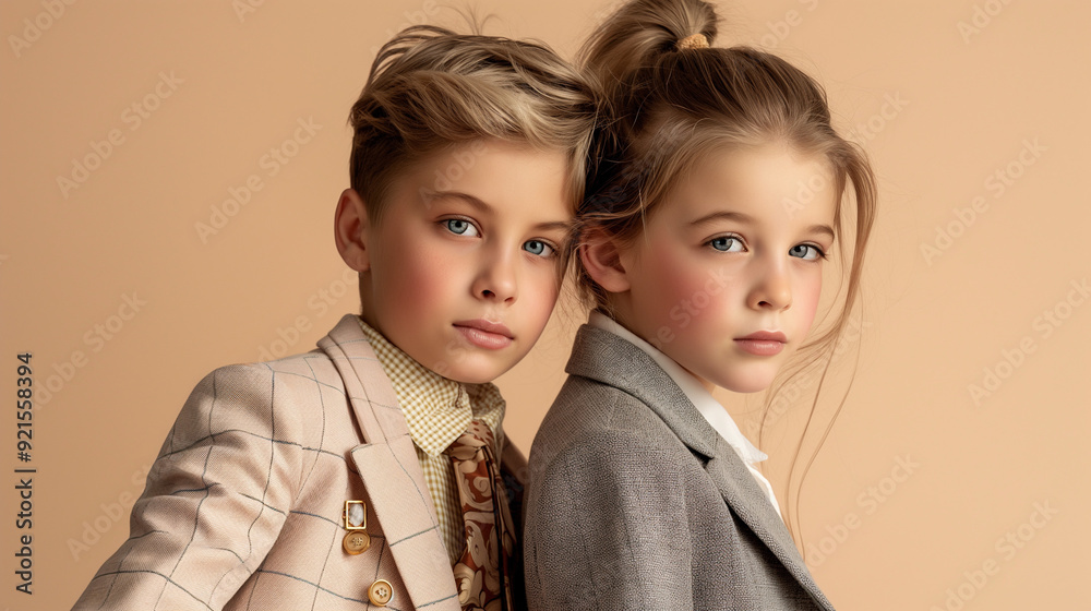 Stylish Siblings Posing in Formal Attire Against a Beige Background Stylish Siblings Posing in Formal Attire Against a Beige Background