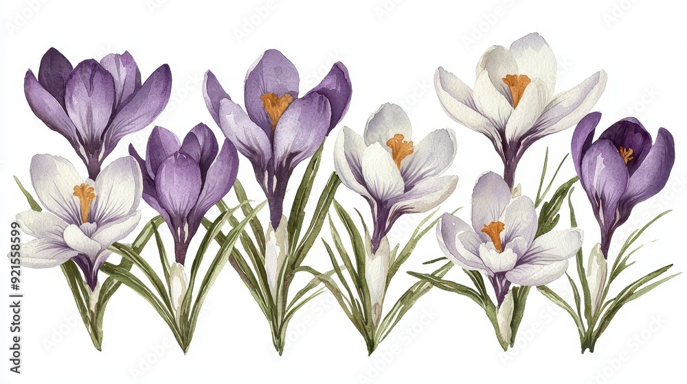 Naklejka premium Watercolor crocus clipart with delicate purple and white flowers