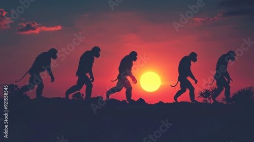 Human evolution. A study of the sequence of biological evolution of Homo sapiens. monkey, ape, ancient humans, modern humansShadows reflecting light when the sun sets. Silhouette concept