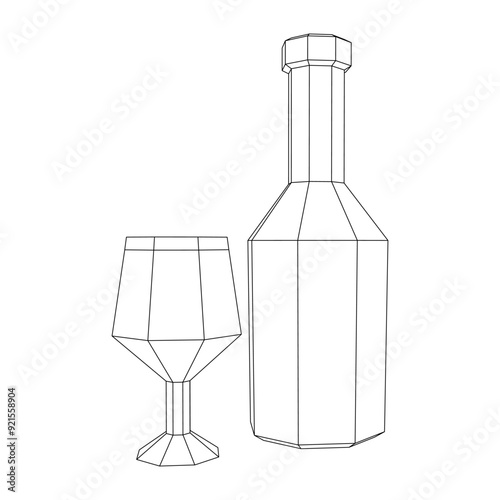 Wine bottle with wine glass. Wireframe low poly mesh vector illustration