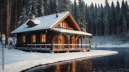 wooden cabin with lights on, sitting on a lake  photo