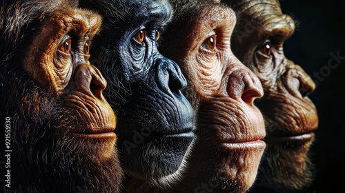 Human evolution. A study of the sequence of biological evolution of Homo sapiens. The face of a monkey, ape, ancient humans, modern humans