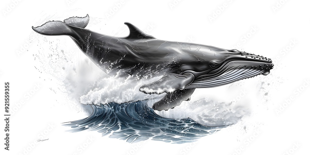 Whale breaching with a splash, using clean and simple lines Whale breaching with a splash, using clean and simple lines