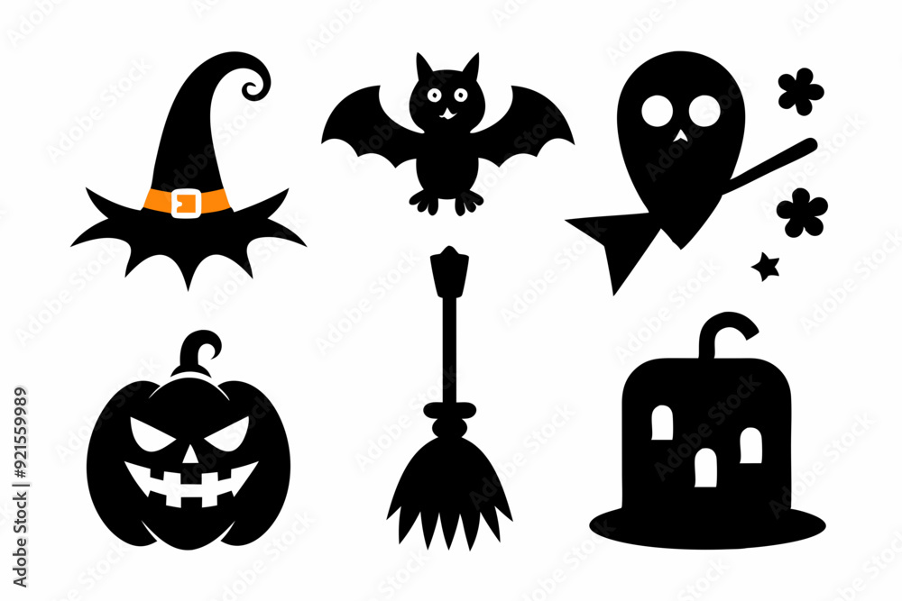 Obraz premium Halloween broom black silhouette vector icon set