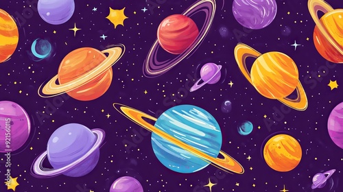 Seamless pattern with planets and comets. Texture with space objects in flat style