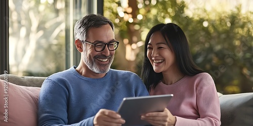 Senior couple using tablet together at home. photo