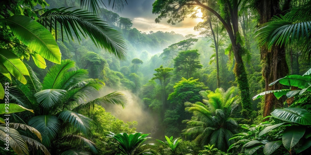 Naklejka premium Vibrant illustration of a lush Costa Rican rainforest, featuring towering green trees, exotic foliage, and a misty atmosphere, perfect as a natural background.