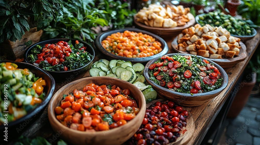 A Rustic Tabletop Display of Various Salads and Bread A Rustic Tabletop Display of Various Salads and Bread